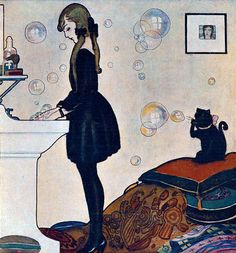 a woman standing in front of a sink with soap bubbles floating around her and a cat sitting on the floor