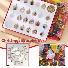 the christmas bracelet box is open and has many different designs on it, including santa's sleigh