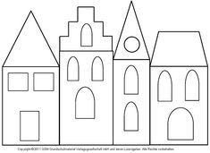 a line drawing of three buildings with windows on each side and two towers at the top