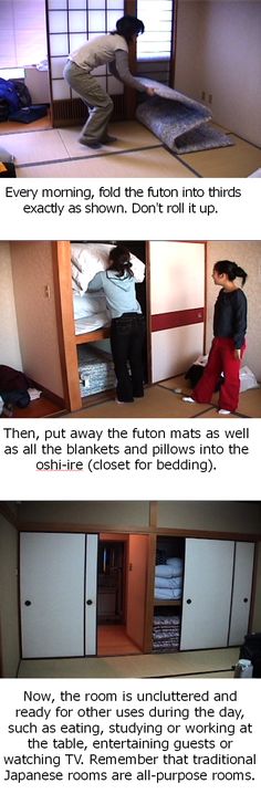 two pictures showing the different rooms in an apartment, one with closets and another with bedding