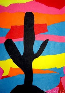 the silhouette of a cactus against a multicolored background is featured in this painting