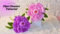 two purple flowers sitting on top of a white surface next to a brick wall with the words pipe cleaner tutorial written above it