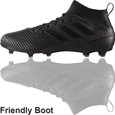 a pair of black soccer shoes with the words friendly boot on top and below it