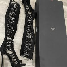 New Giuseppe Zanotti 2018 Collection *Zoey* Suede Cage Black Sandals Boots 40 Women 10 Thigh High Boots Heels Shopakira, Luxury Leather Knee-high Boots With Stacked Heel, Fall Designer Party Heeled Boots, Designer Heeled Boots For Fall Party, Designer High Heel Boots For Cocktail, Luxury Black Boots For Spring, Designer Black Heeled Boots For Night Out, Luxury Lace-up Heeled Boots For Evening, Luxury Evening Heeled Boots For Spring