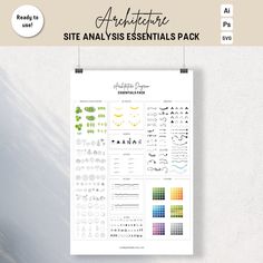 Welcome, architects, interior designers, and architecture students! Dive into a unique and versatile resource that will streamline your site analysis, technical drawing, and presentation board creation. Our Architecture Site Analysis Essentials Pack includes over 250 vector objects, 150 color schemes, and a variety of tools available in Adobe Illustrator, SVG, and Photoshop formats. With an array of elements such as tree vectors, vegetables vectors, people vectors, and drawing templates, this pa Autocad Layout, Architecture Site Analysis, Student Essentials, Scale Bar, Arrow Symbol, Site Analysis, Professional Presentation, Architecture Student, Drawing Templates
