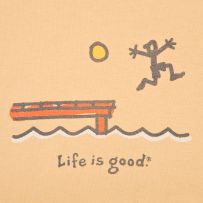 a drawing of a person jumping into the water from a bench that says life is good