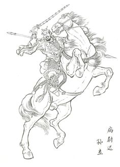 a black and white drawing of a horse with a rider on it's back