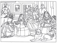 an adult coloring page with several people and a dog sitting in front of the room