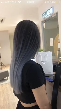 Grey And Black Hair Color, Korean Ombre Hair, Ash Grey On Black Hair, Ombré Grey Hair, Ash Grey Peekaboo Hair, Dark Silver Blue Hair, Cute Colored Hair, Short Grey Hair Styles, Black Hair Balayage Ashy Grey