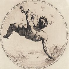 a drawing of a naked man flying through the air in front of a full moon