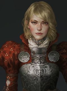 a woman with blonde hair wearing armor