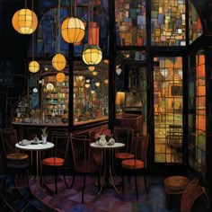 a painting of a restaurant with tables and chairs in front of the windows at night