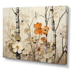 an abstract painting with orange and white flowers in the foreground, surrounded by birch trees