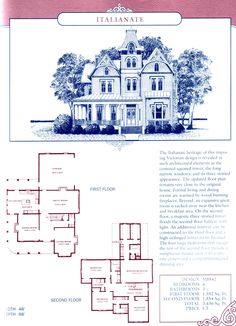 the floor plan for this victorian home is shown in blue and white, with red trim