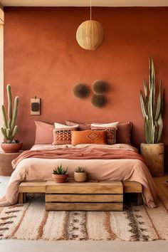 a bedroom with an orange wall and cactus plants