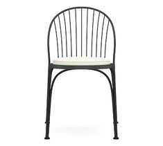 a black metal chair with a white cushion on the seat and backrest, against a white background