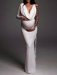 Momyknows White One Off Shoulder Silk Satin Backless Mermaid Photoshoot Evening Gown Baby Shower Maternity Maxi Dress Evening Photoshoot, Photoshoot Gown, Mermaid Photoshoot, Studio Maternity Shoot, Gender Reveal Outfits, Maternity Sundress, Photoshoot Style, Maternity Chic