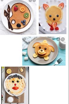 four different pictures of pancakes with animals on them