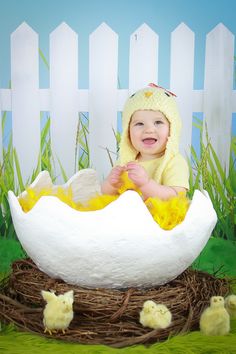 a baby is sitting in an egg with chicks