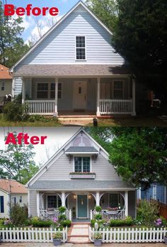 before and after pictures of a house with white siding, front porch and second story