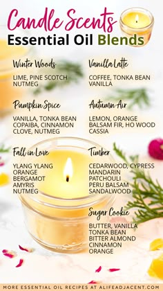 an info sheet with candles and essential oils to use for candle scents on the table