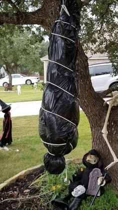 a tree that has been wrapped in black plastic and is sitting on the ground next to some trash bags