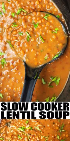 a ladle full of soup with the words slow cooker lentil soup