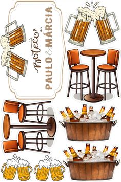 a bunch of different types of beer in wooden buckets and tables with chairs around them