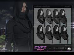 an image of a woman in black outfit and hood with many different masks on her face