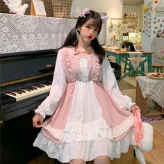 Aria Kawaii Lolita Dress Japanese Lolita Kawaii Aesthetic Asian Fashion Kawaii Princess, Sweet Party, Style Kawaii, Stitching Dresses, High Road, Kawaii Dress, Pink Ruffle, Sweet Lolita, Polyester Dress