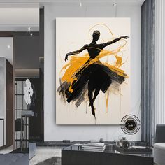 an abstract painting of a ballerina in yellow and black