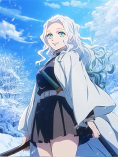 an anime character with long white hair and blue eyes, standing in front of snow covered trees