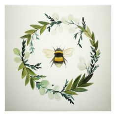 a painting of a bee surrounded by green leaves