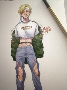 a drawing of a person with torn leggings and an army jacket over their shoulders