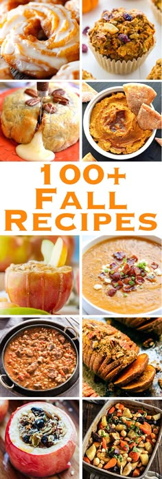 a collage of images showing different types of pies and pastries, with the title overlaying 100 + fall recipes