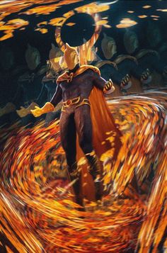 a painting of a man in a suit and cape with flames coming out of his body