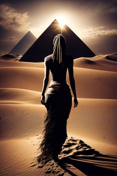 a woman in a long dress walking through the desert with a pyramid in the background