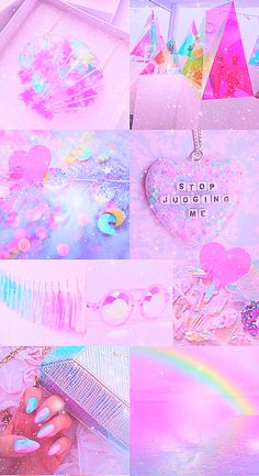 a collage of photos with pastel colors and glitters, including hearts, stars, clouds, rainbows, unicorn tails, and more