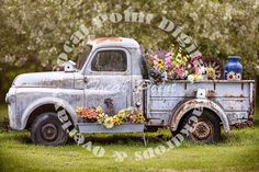 an old truck with flowers in the back