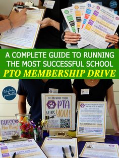 two people holding up some papers with the words, a complete guide to running the most successful school pto member drive