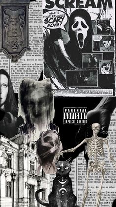 a collage of various images and words on newspaper paper with an image of a skeleton