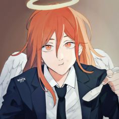 an anime character with red hair and angel wings