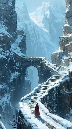 a person walking across a bridge in the middle of a snow covered mountain range,