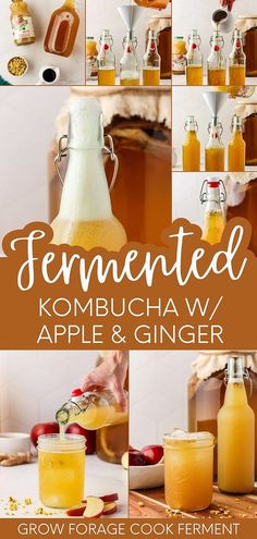 a collage of pictures showing how to make homemade ferment kombucha w / apple & ginger