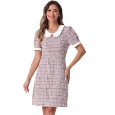 Upgrade your wardrobe with the lovely tweed dress. With its trendy peter pan collar design and A-line silhouette, this dress effortlessly blends casual and elegant styles. The keyhole back and puff short sleeves add unique touches to this mini dress. Made from 100% polyester, it is perfect for spring and summer occasions, whether it's for work, office, parties, dating, weddings, or daily wear. Pair it with your favorite heels and handbag for a sweet, inspired look. Short Sleeve Tweed Dress For Office, Womens Tweed, Mini Dress Pink, Peter Pan Collar Dress, Sequin Midi Dress, Floral Denim, Mini Slip Dress, Tweed Dress, Pink Mini Dresses