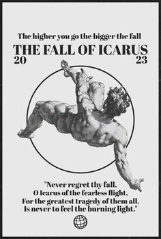 an advertisement for the fall of icarus, featuring a man with no shirt on