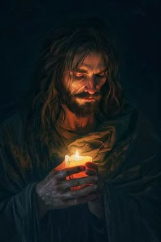 jesus holding a lit candle in his hands