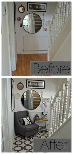 before and after photos of a home's entryway