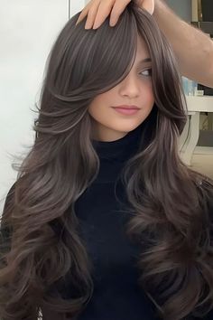 Step Cut With Curtain Bangs, Long Steps Haircut, Long Layered Haircuts For Thick Hair Wavy Round Faces, Long Straight Hair With Curtain Bangs, Trendy Haircut For Long Hair Straight, Knotless Twist, Bangs Haircut Ideas, Round Face Hairstyles Long, Haircuts For Long Hair Straight