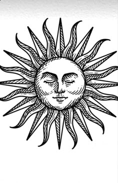 a drawing of the sun with its face drawn in black and white ink on paper